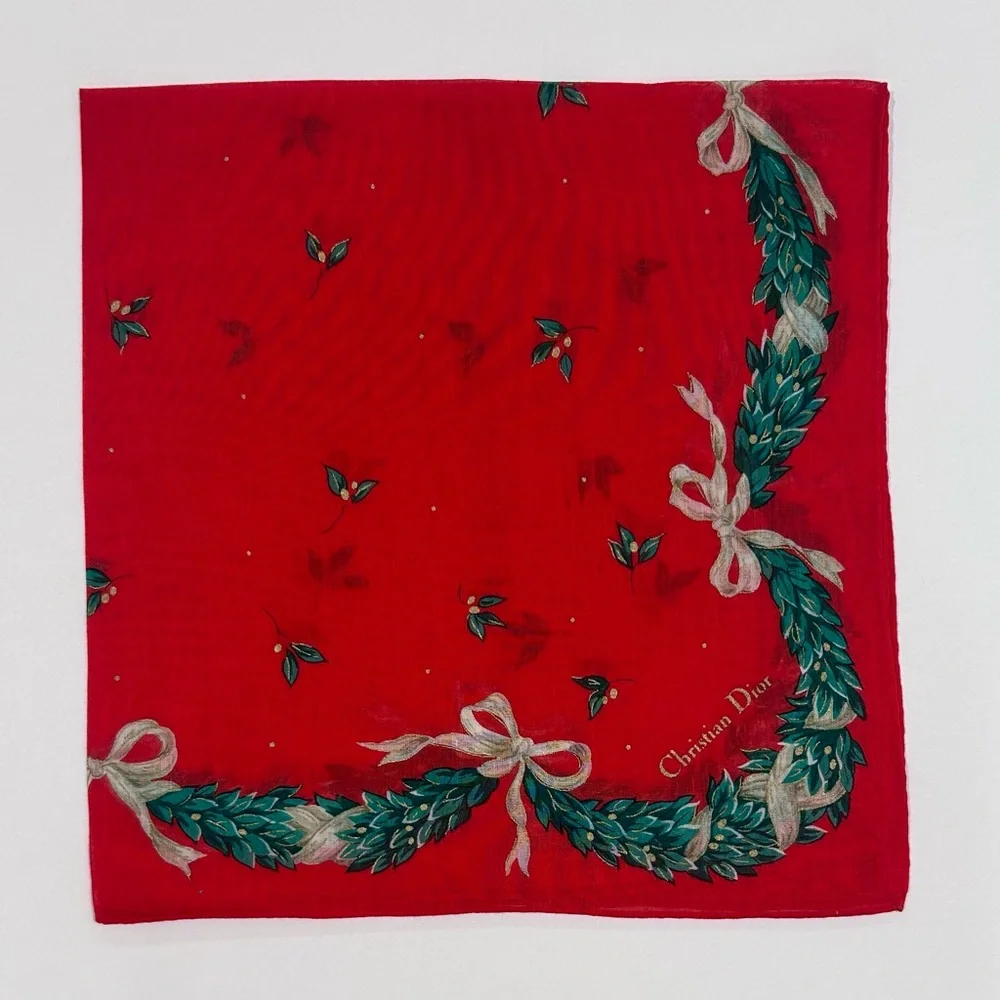 WOMEN HANDKERCHIEF CHRISTIAN DIOR Red Holiday Wreath Bow Scarf Bandan COTTON 18”